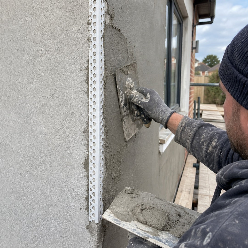 25x25mm white PVC render corner bead being installed on an external rendered building corner by a plasterer
