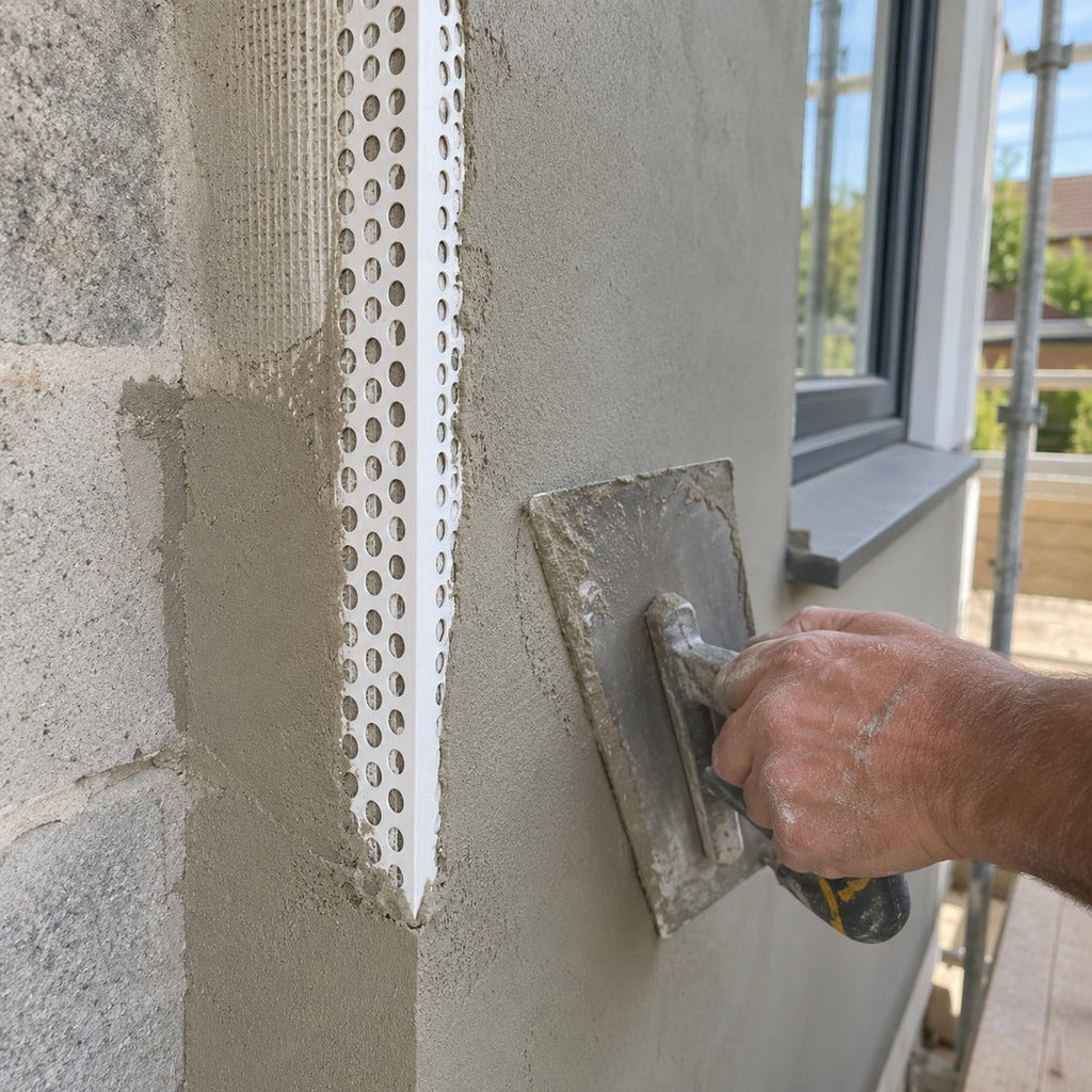 Close-up of 25x25mm white PVC render corner bead embedded in fresh exterior plaster and render