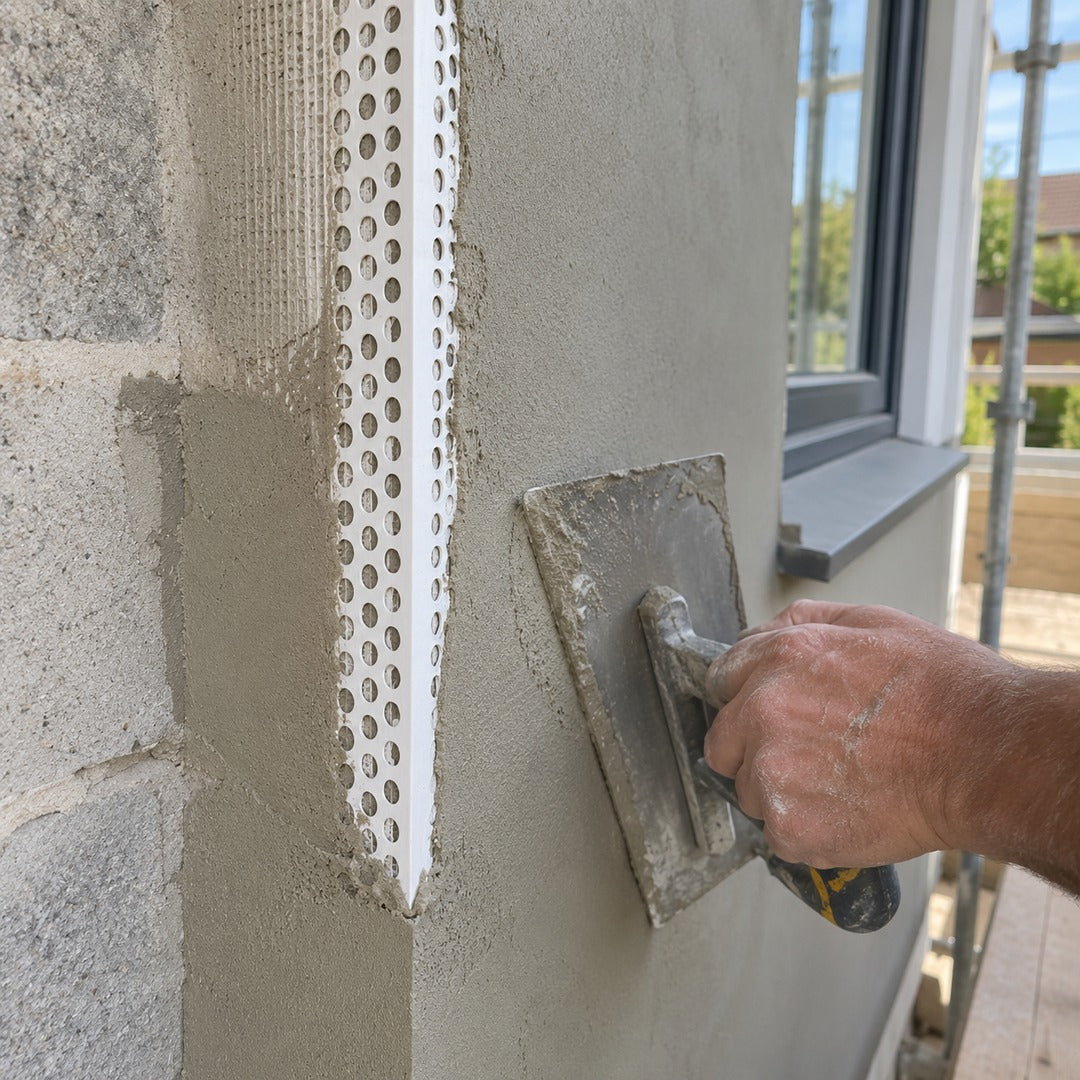 Close-up of 25x25mm white PVC render corner bead embedded in fresh exterior plaster and render