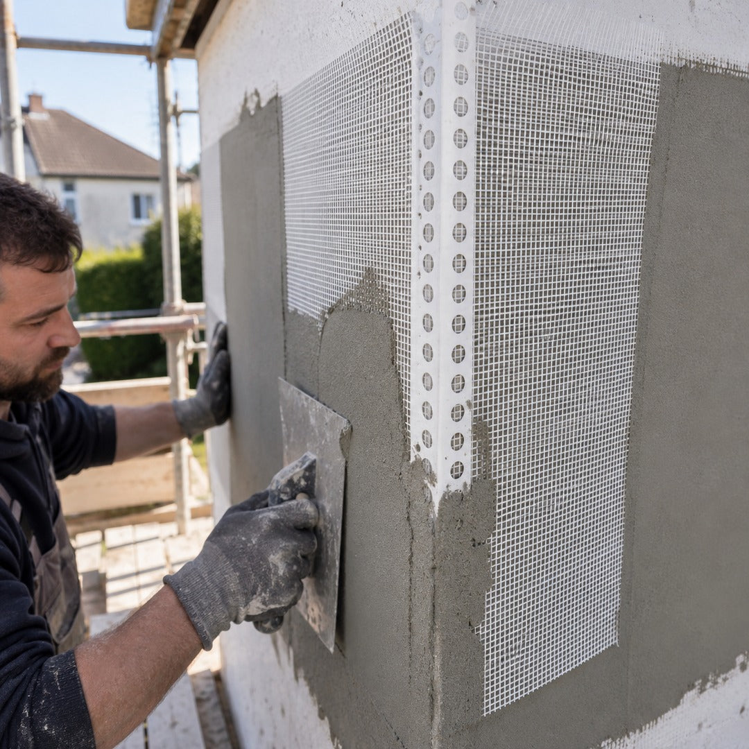 70x70mm PVC mesh render corner bead being installed on an external wall with a plasterer applying render