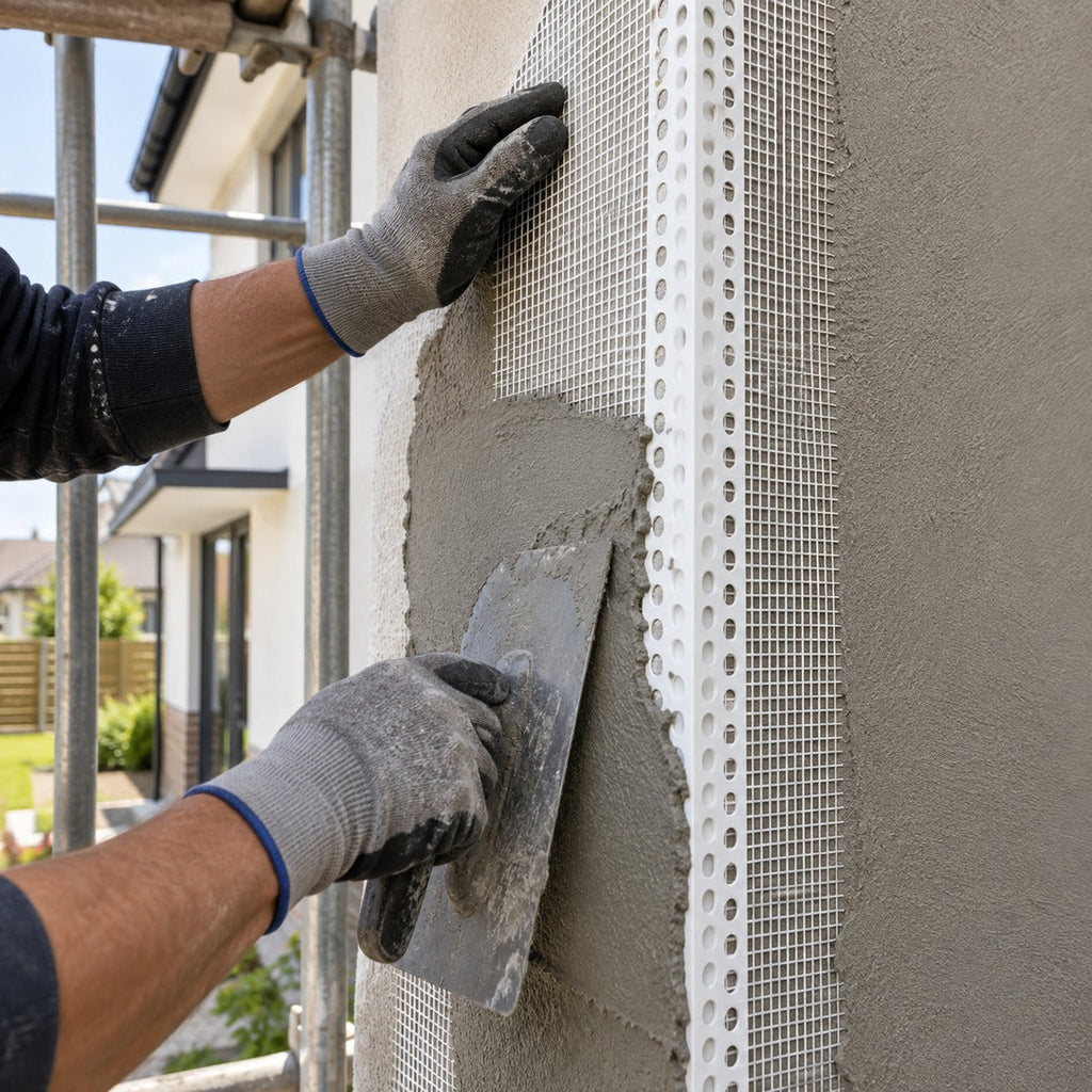 Close-up of 70x70mm PVC mesh render corner bead and fiberglass mesh being embedded into exterior render