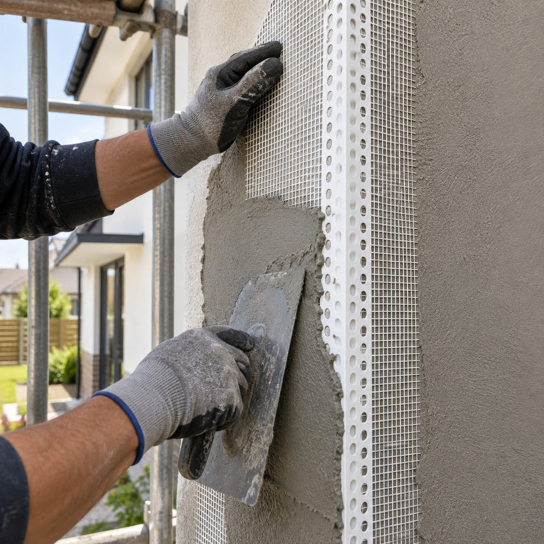 Close-up of 70x70mm PVC mesh render corner bead and fiberglass mesh being embedded into exterior render