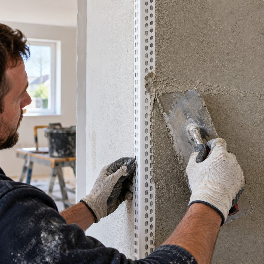 23x23mm white PVC universal render corner bead being installed on an internal plastered corner by a plasterer