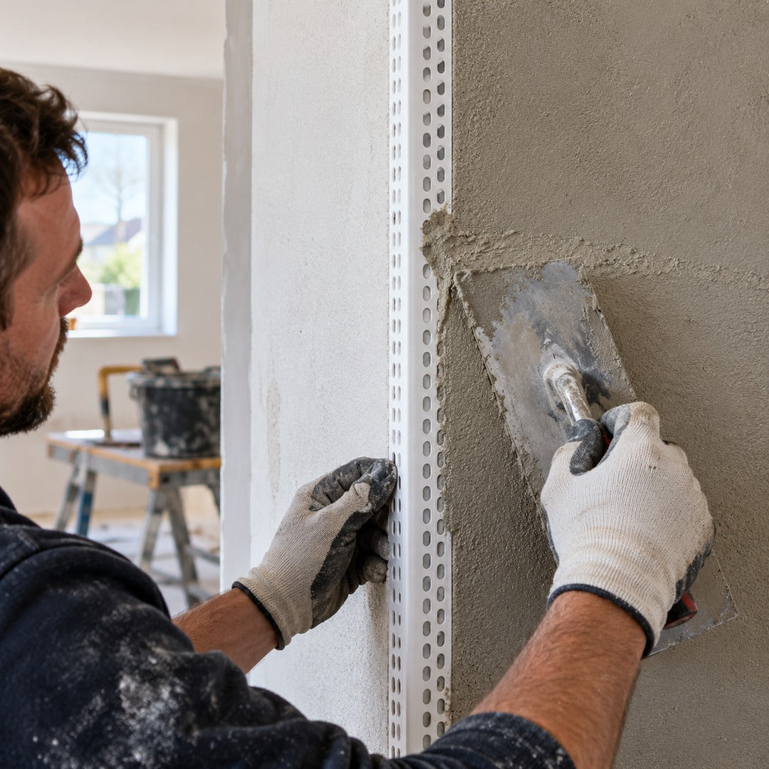 23x23mm white PVC universal render corner bead being installed on an internal plastered corner by a plasterer