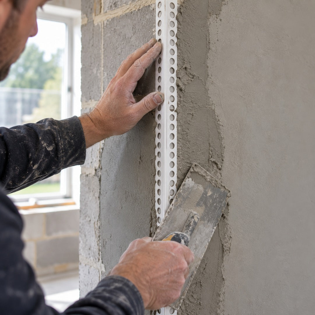 Close-up of 23x23mm white PVC universal render corner bead being embedded into fresh plaster on a building corner