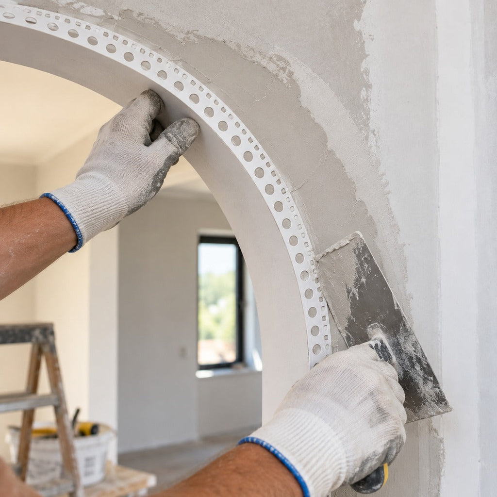 Close-up of flexible 25x25mm PVC arch corner bead being embedded into wet plaster around a curved arch