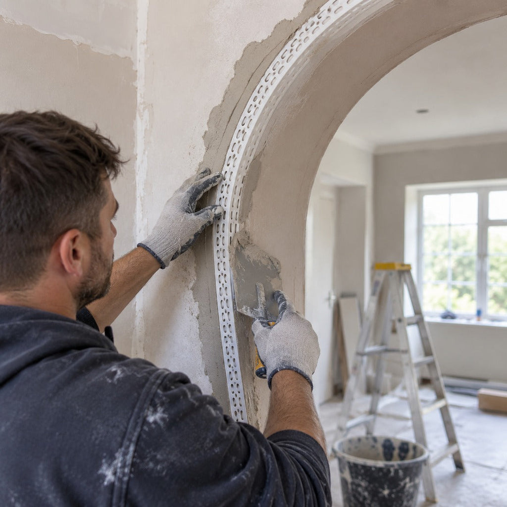 25x25mm flexible PVC arch render corner bead being installed around a curved interior arch by a plasterer
