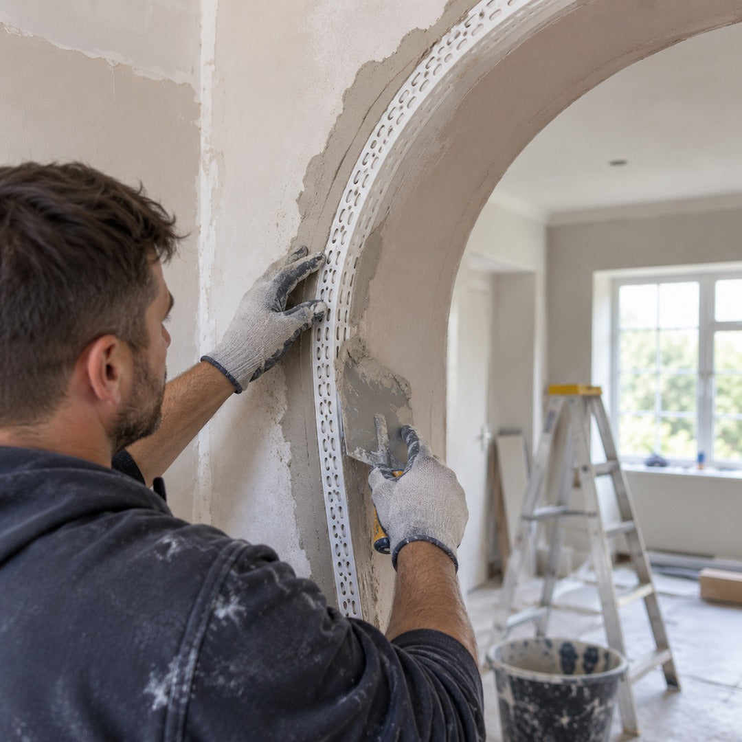 25x25mm flexible PVC arch render corner bead being installed around a curved interior arch by a plasterer