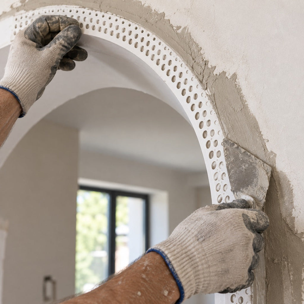 Close-up of flexible 25x25mm PVC arch render corner bead being embedded into fresh plaster around an arch