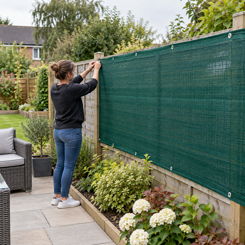 110gsm green HDPE wind barrier mesh being installed on a wooden garden fence in a residential backyard
