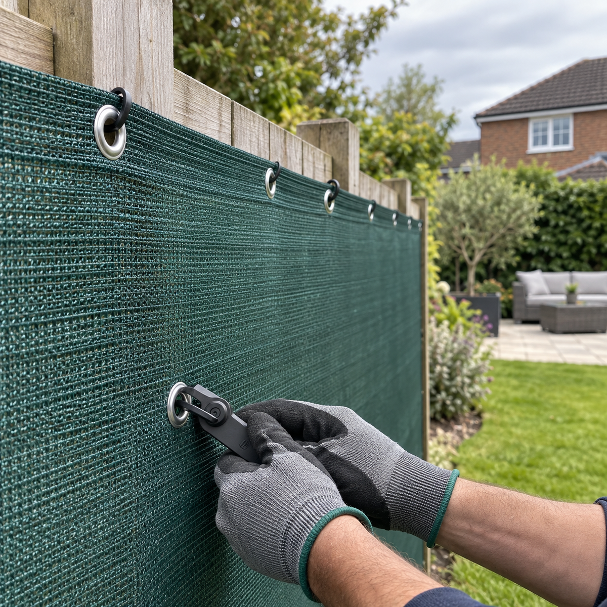 Close-up of green 110gsm HDPE wind barrier mesh with reinforced eyelets being fixed to a garden fence
