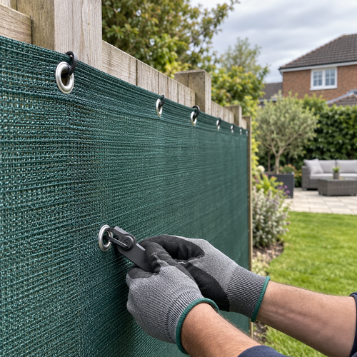 Close-up of green 110gsm HDPE wind barrier mesh with reinforced eyelets being fixed to a garden fence