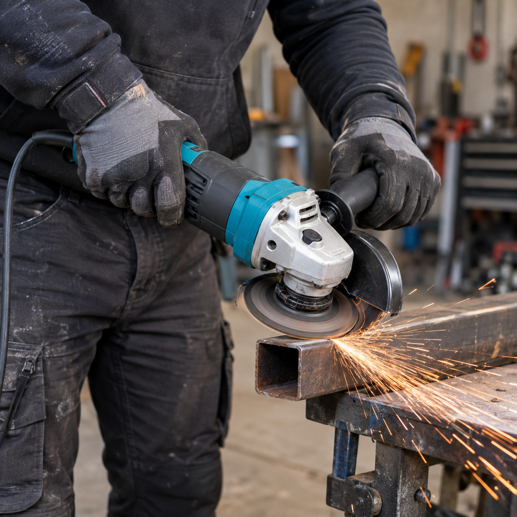 1200W variable speed angle grinder being used by a worker to cut steel in a professional workshop