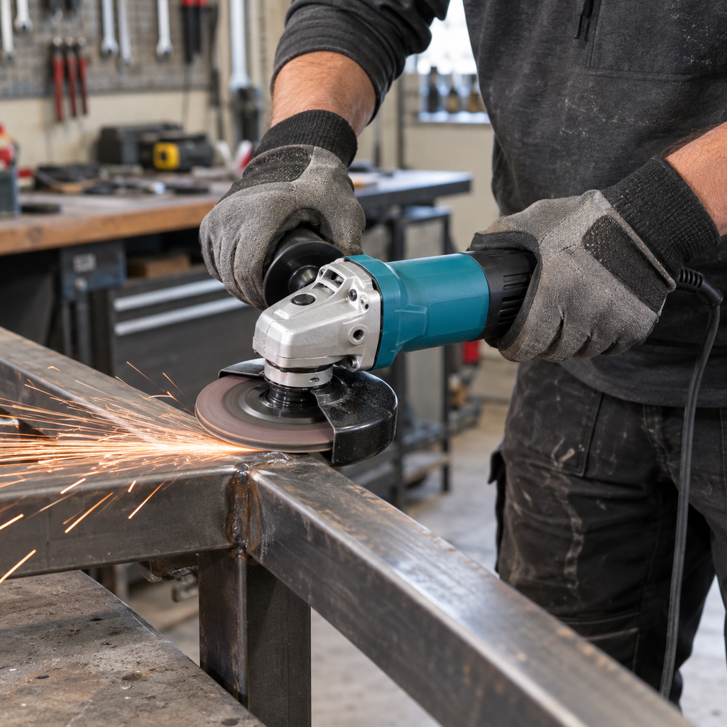 Close-up of a 1200W variable speed angle grinder cutting steel with sparks in a workshop