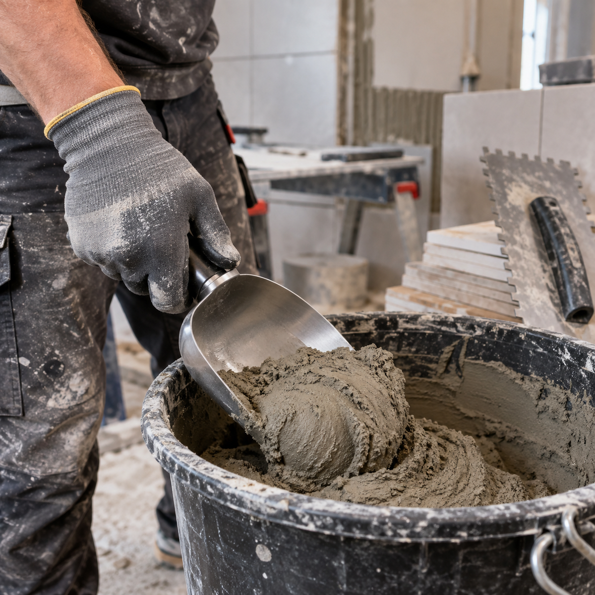 165mm stainless steel curved bucket scoop lifting mortar during a tiling renovation