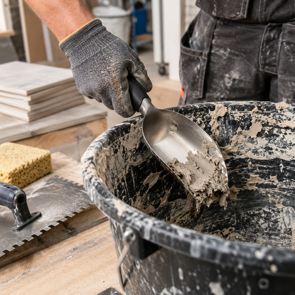 Close-up of 165mm stainless steel curved bucket scoop and scraper removing mortar from a mixing bucket