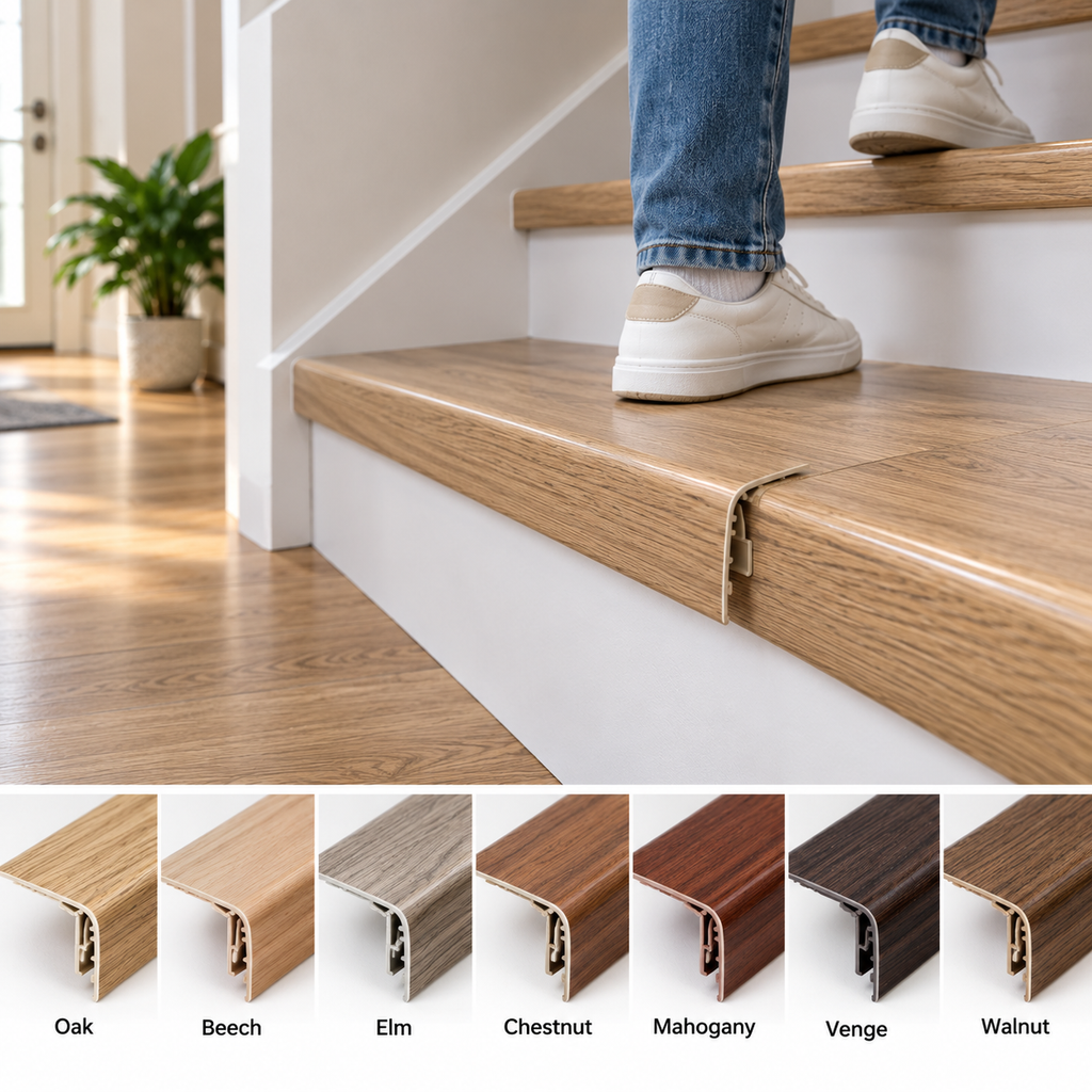 16x25mm push-in wood effect PVC stair nosing shown in Oak, Beech, Elm, Chestnut, Mahogany, Venge and Walnut finishes