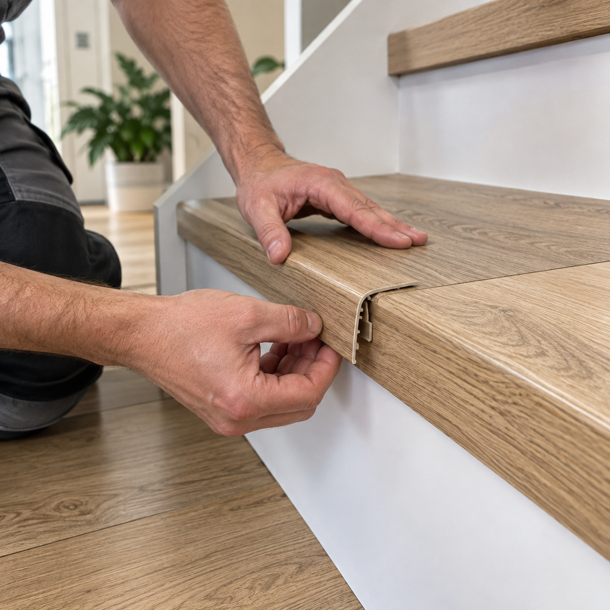 16x25mm push-in wood effect PVC stair nosing installed on a residential staircase during flooring renovation