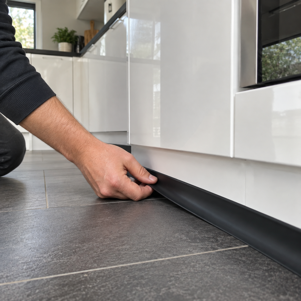 Close-up of a black PVC kitchen plinth seal being fitted against the bottom of a modern kitchen cabinet