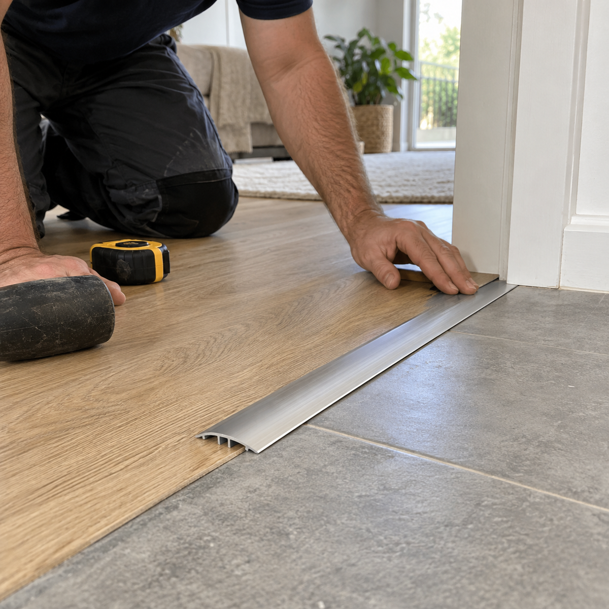 2.7m click vinyl flooring edge profile reducer trim being fitted between wood-look flooring and tile at a doorway