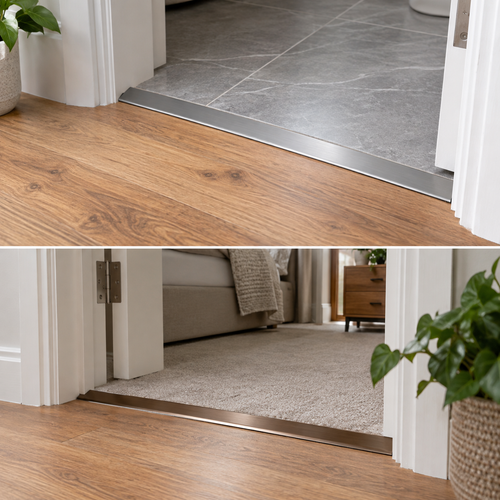 2.7m vinyl flooring edge reducer threshold shown in silver and bronze finishes across two modern doorway transitions