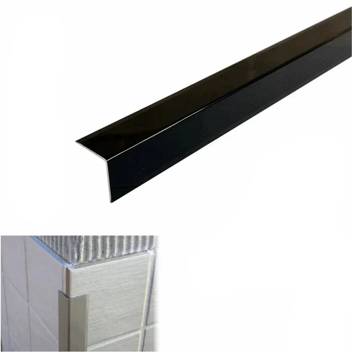 Gloss black metal threshold with dimensions and material information on a white background