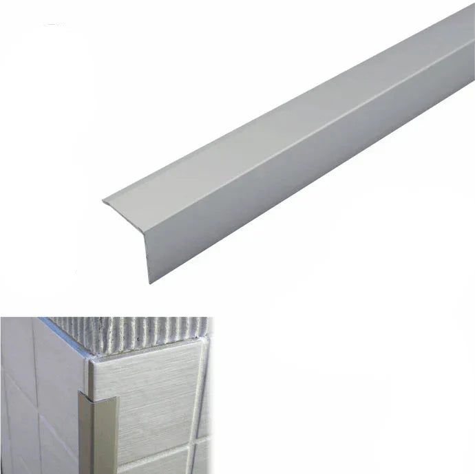 Matt silver metal strip with dimensions and material information on a white background