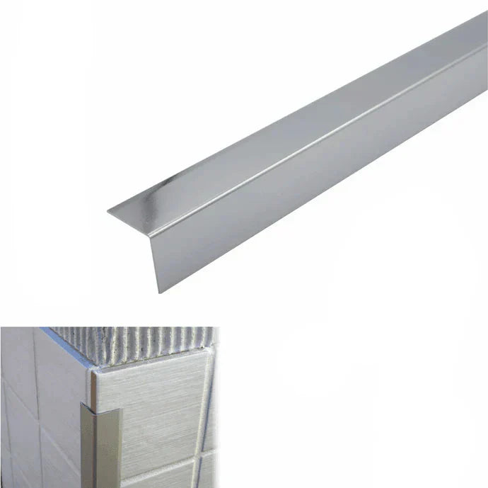 Bright silver metal strip with dimensions and branding on a white background