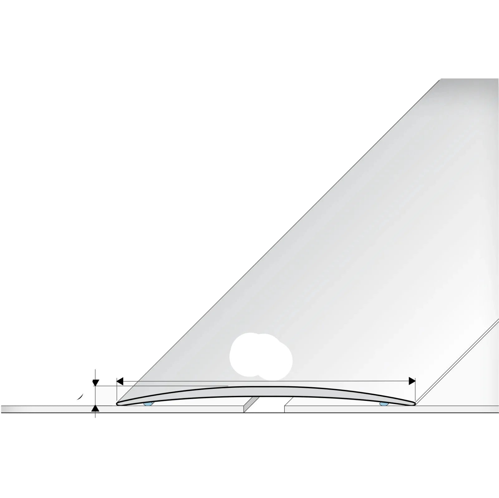 Measurement diagram of a triangular object with dimensions labeled