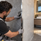 30x30mm stainless steel corner trim protector being installed on a tiled bathroom wall corner