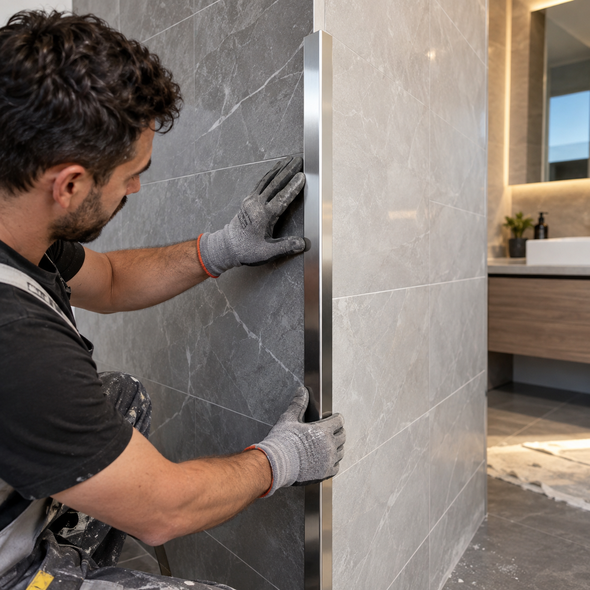 30x30mm stainless steel corner trim protector being installed on a tiled bathroom wall corner