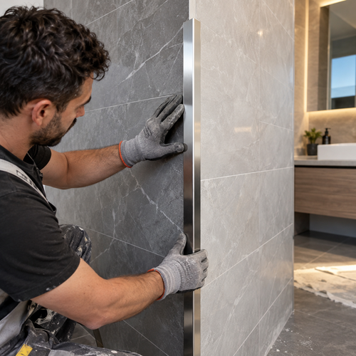 30x30mm stainless steel corner trim protector being installed on a tiled bathroom wall corner