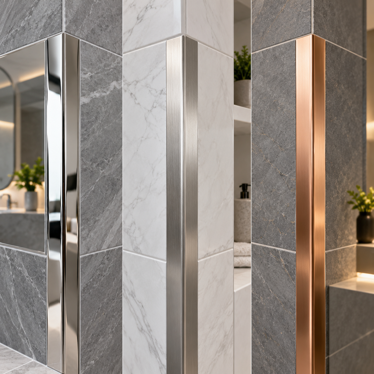 30x30mm stainless steel corner trim shown in polished, brushed and copper finishes on tiled wall corners