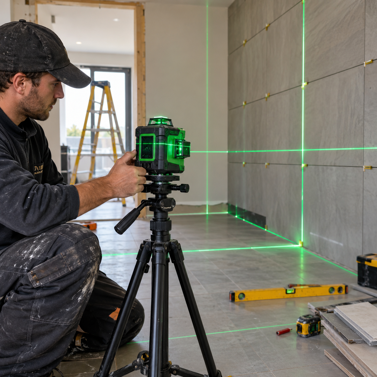 360 degree 5-line green laser level projecting alignment lines during a professional tiling renovation