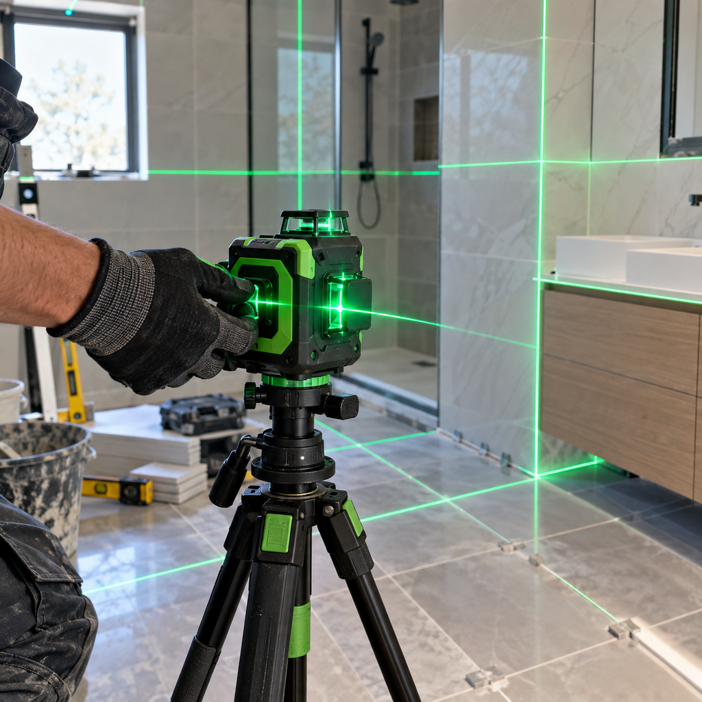 Close-up of 360 degree 5-line green laser level on tripod aligning bathroom tiles and fixtures