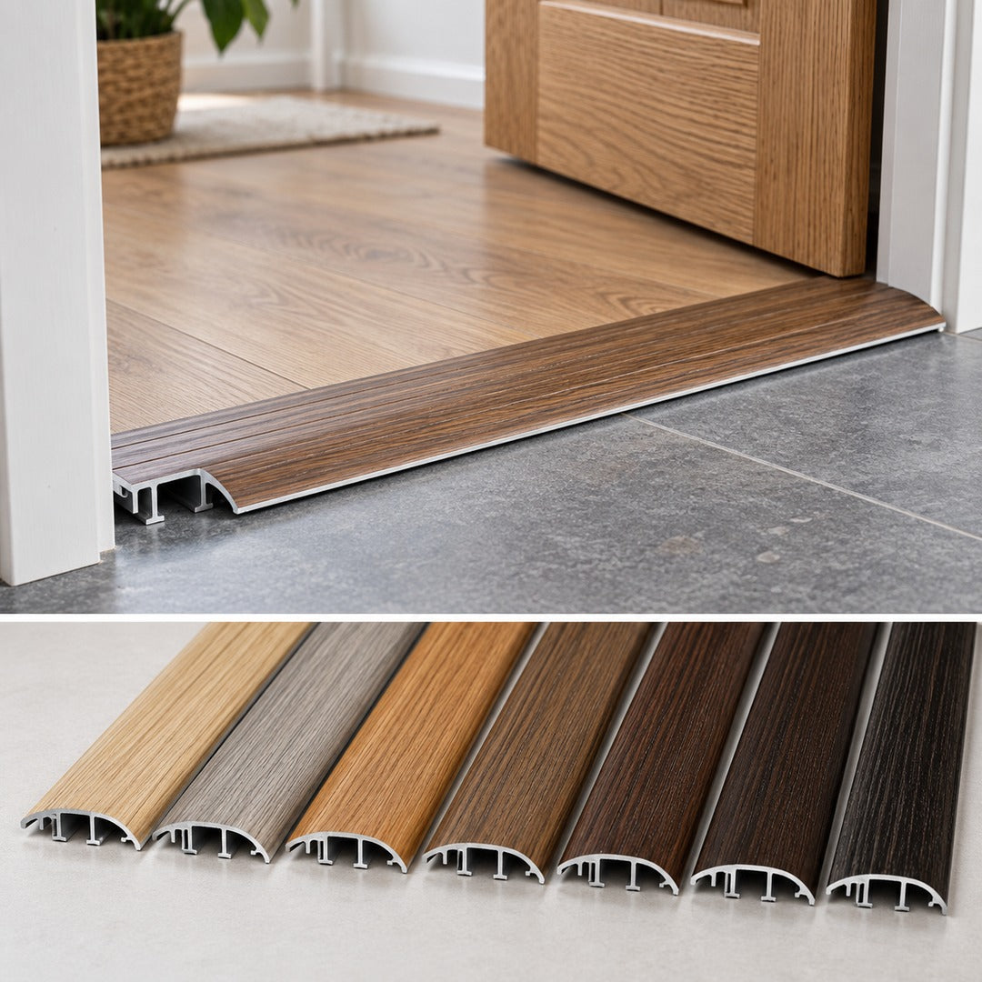 37mm aluminium wood-effect door threshold shown in a selection of wood-effect finishes