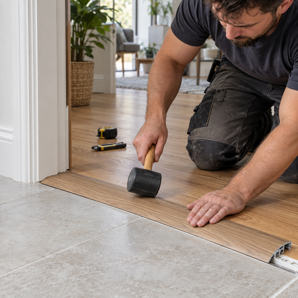 42mm PVC wood-effect door threshold being installed between wood flooring and tile in a modern home