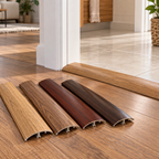42mm PVC wood-effect door threshold shown in multiple wood finishes at a modern doorway