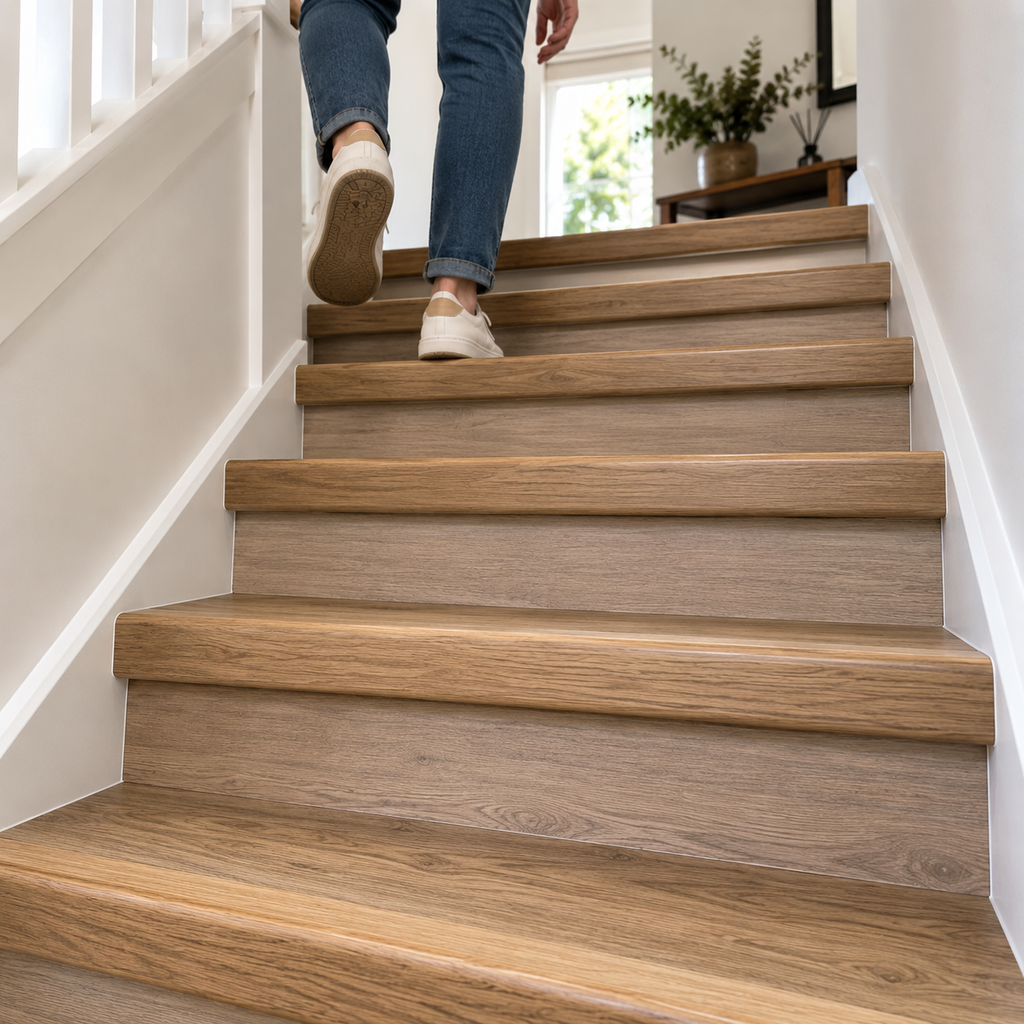 45x22mm wood effect PVC stair nosing installed on a residential staircase with a person using the stairs