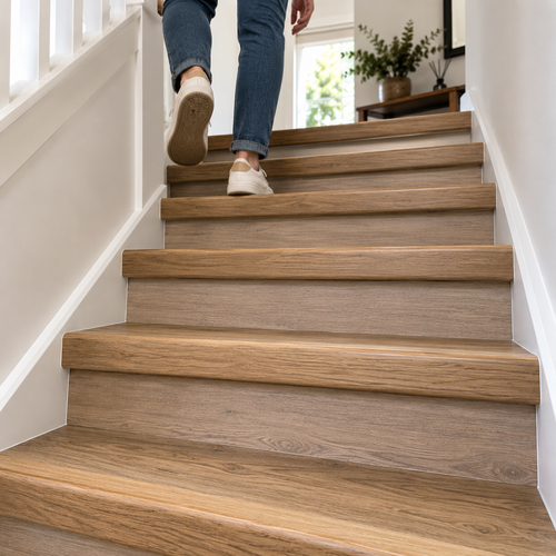 45x22mm wood effect PVC stair nosing installed on a residential staircase with a person using the stairs