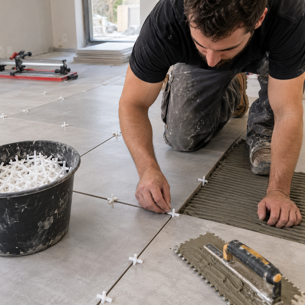 3mm long-leg tile spacers being used by a tiler to align large floor tiles during installation