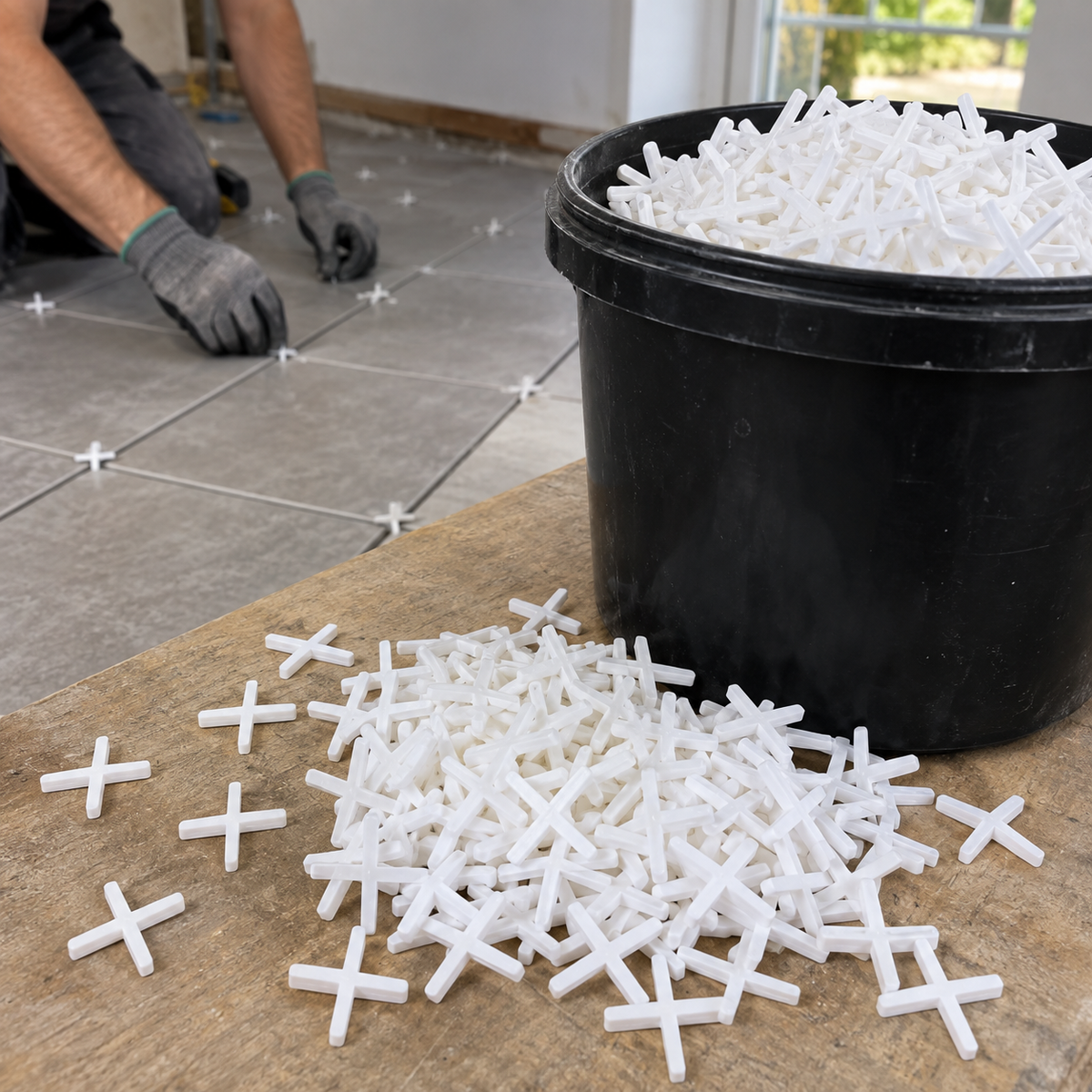 Close-up of a bulk bucket of 3mm long-leg economy tile spacers with spacers in use on a tiled floor