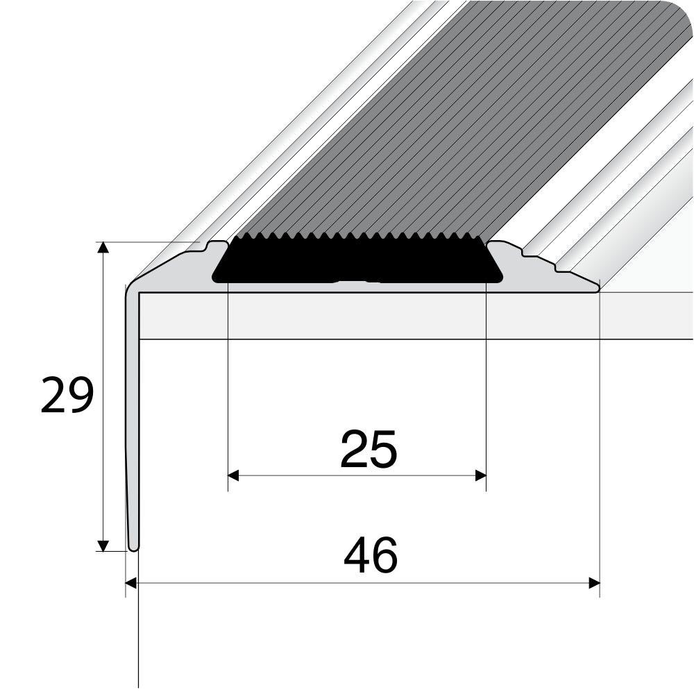 A38 46 x 30mm Anodised Aluminium Self Adhesive Non Slip Rubber Stair Nosing Edge Trim