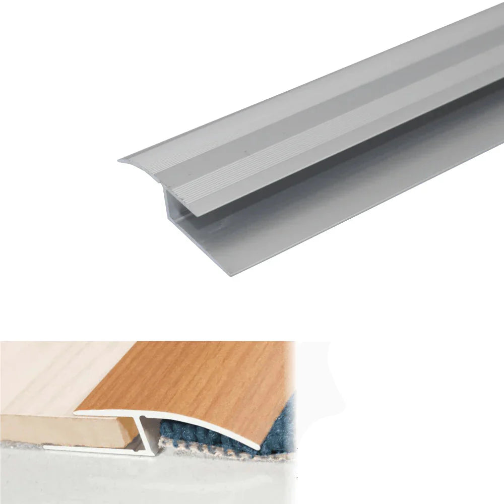 Silver door strip with features and measurements on a white background