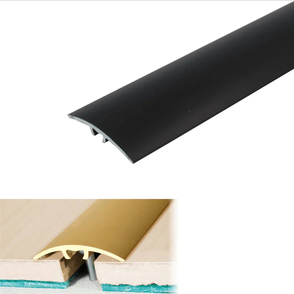 Black metal threshold strip with installation details on a white background