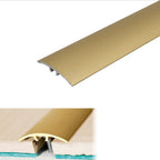 Gold metal stair tread with installation diagram on a white background