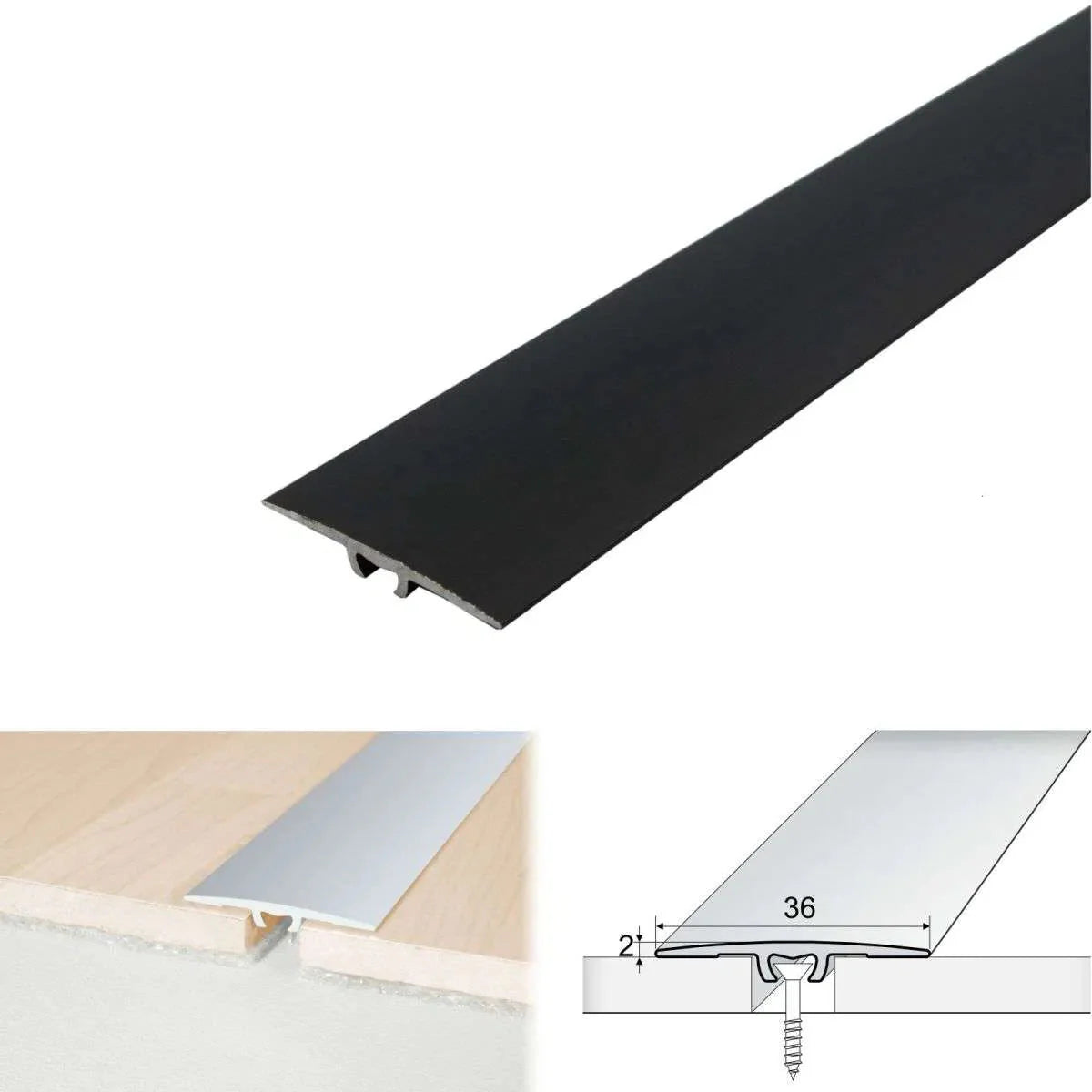 Black metal strip with specifications on a white background