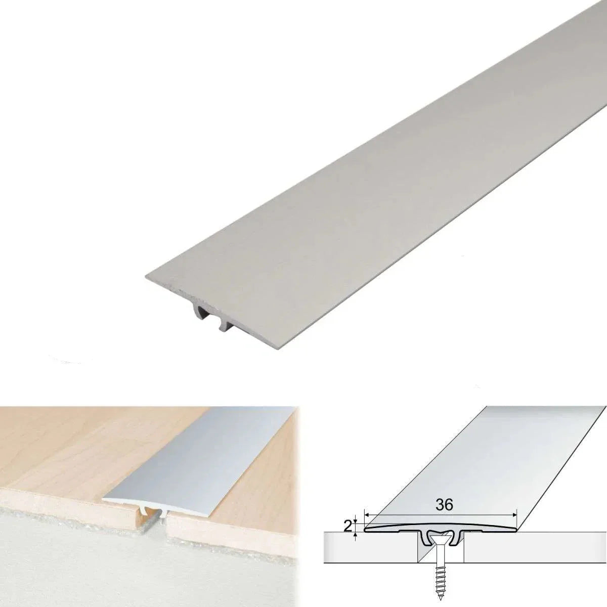 Silver metal strip with dimensions and features on a white background