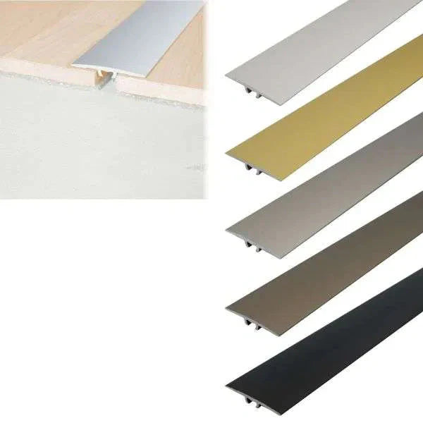 Set of metal stair nosings in various colors on a white background