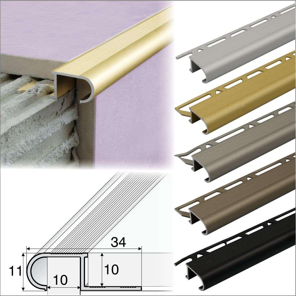 A81 Aluminium Stair Nosing Edge Trim – 34mm x 11mm x 10mm for Tiles